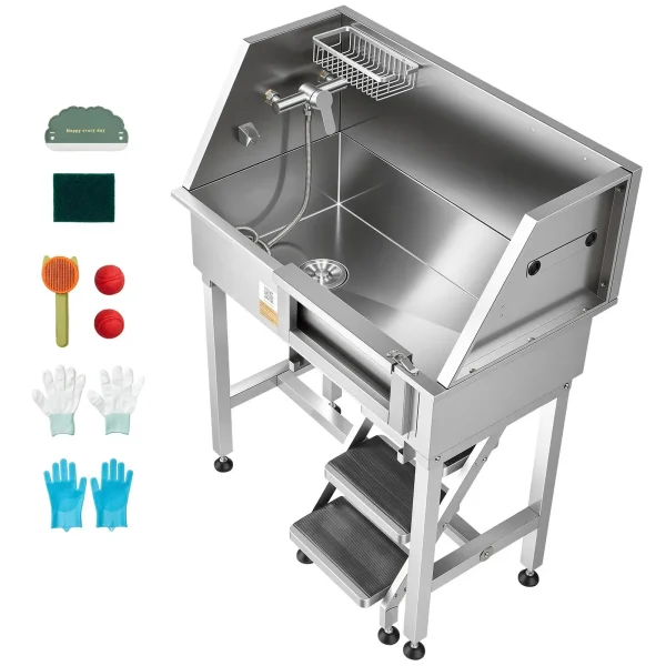 34" Dog Washing Station, Stainless Steel Pet Grooming Tub Bathtub
